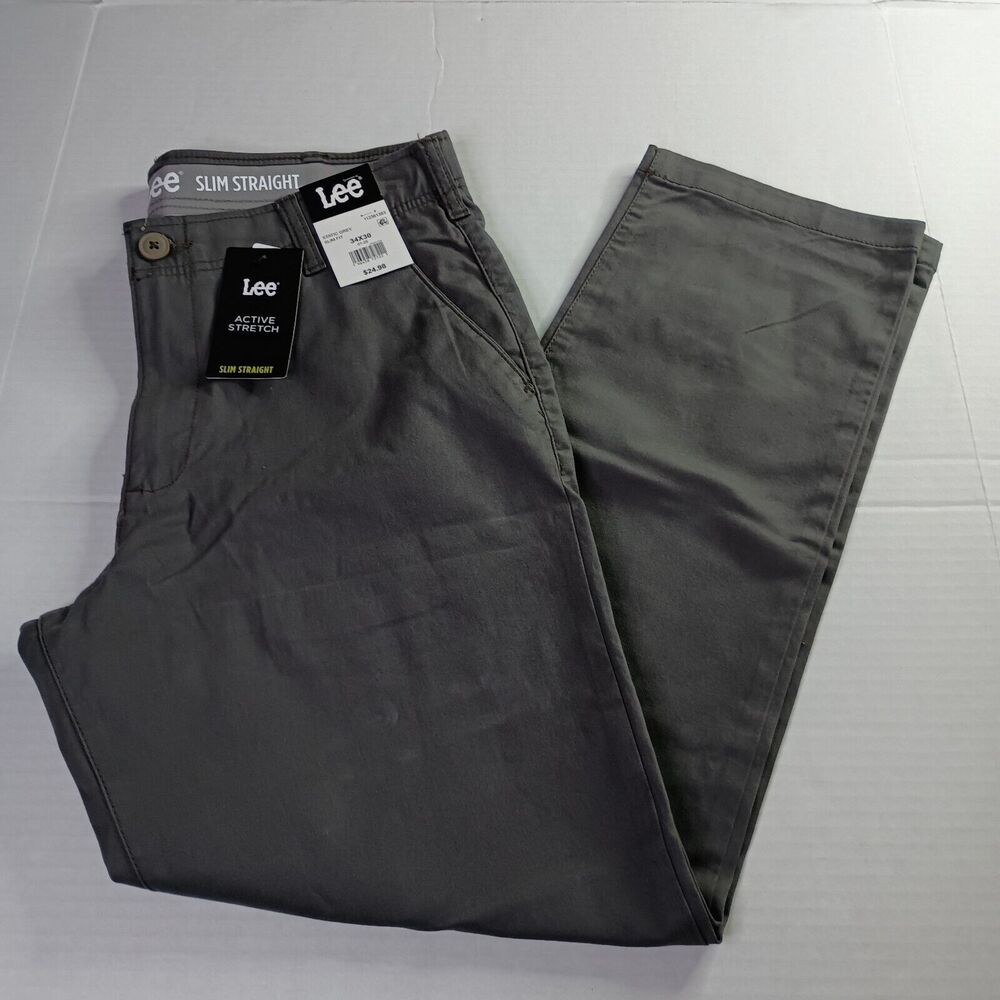 Lee Flat Front Chino with Motion Flex Waistband Pants Men's 34x30 Gray Slim Fit